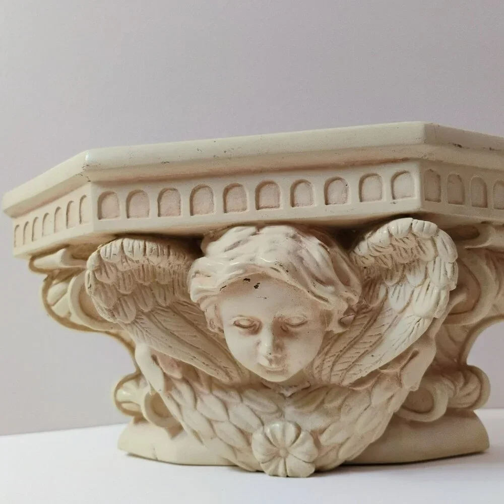 Vintage Cherub Wall Shelf, Antique Style Resin Angel Plaque Decor Cream Accent